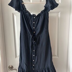 Navy Button-Down Dress with Ruffle Sleeves